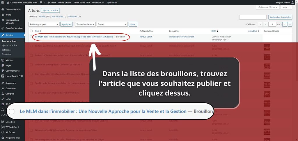 dans la liste des brouillons, trouvez l'article que vous souhaitez publier et cliquez dessus. (1)