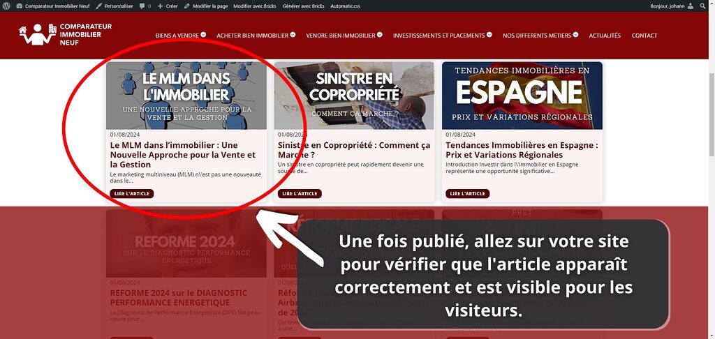 une fois publié, allez sur votre site pour vérifier que l'article apparaît correctement et est visible pour les visiteurs.